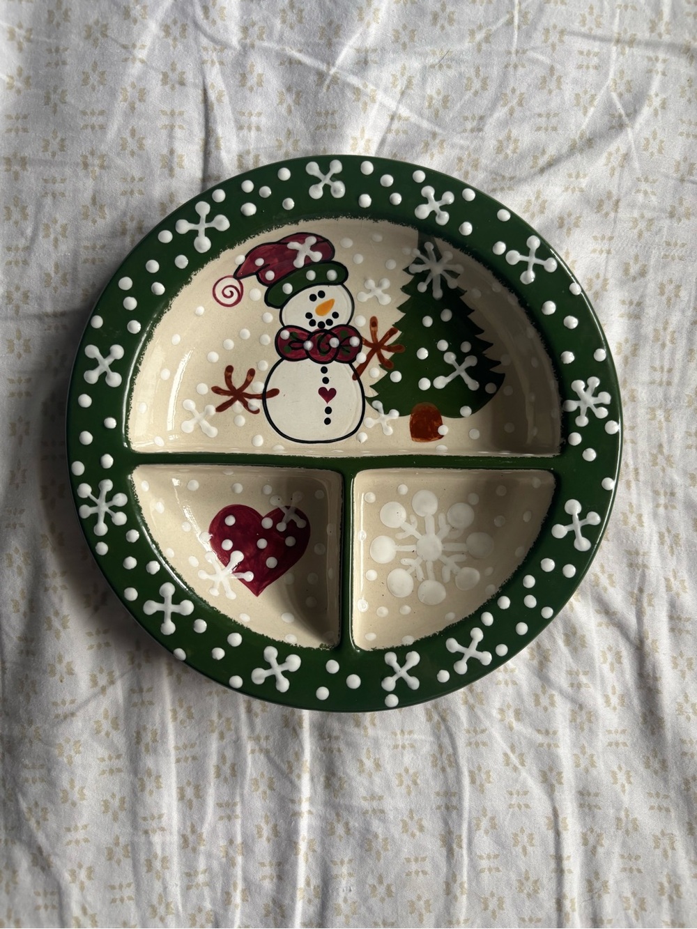 Expressly Yours - vintage- Holiday Snowman Sectioned Serving Plate - Green Trim